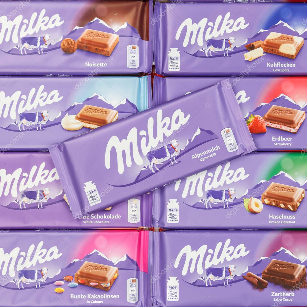 Stuttgart, Germany - March 3, 2021 Milka chocolate chocolates different types variety background square in Germany.