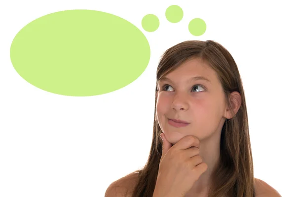 Νεαρό κορίτσι που σκέφτεται με το συννεφάκι λόγου και copyspace — Φωτογραφία Αρχείου