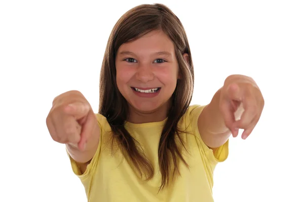 Smiling young girl pointing with her finger I want you — Stock Photo, Image