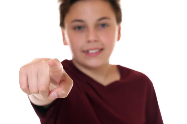 Jonge jongen wijzend met zijn vinger ik wil dat je — Stockfoto