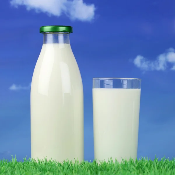 Milk in a bottle and glass on green meadow — Stock Photo, Image