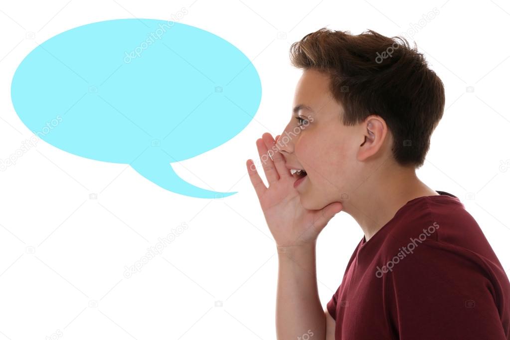 Young boy shouting with speech bubble and copyspace