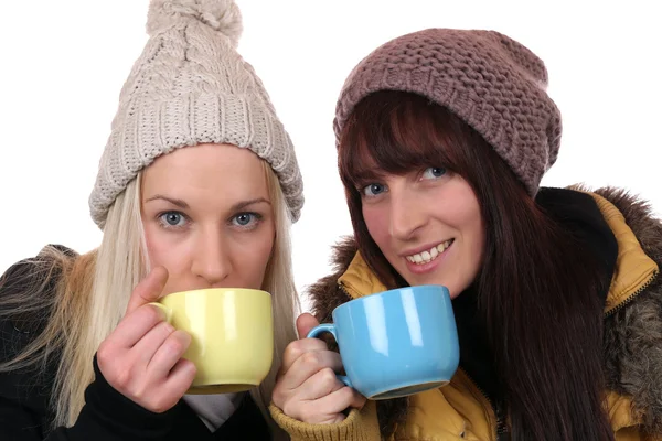 Junge Frauen trinken im Winter eine Tasse Tee — Stockfoto