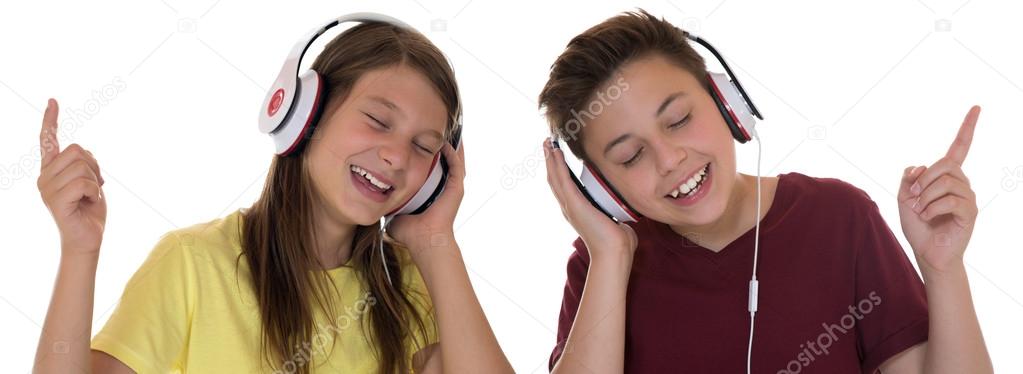 Young teenager or children listening to music