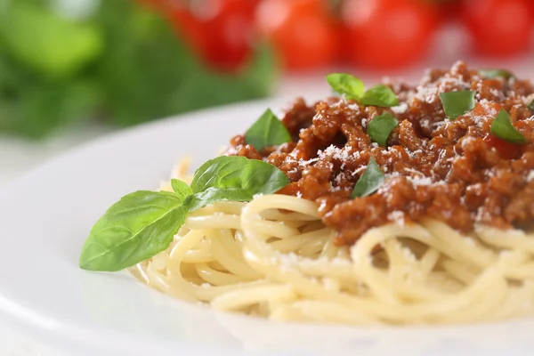 Spaghetti Tagliatelle alla bolognese farina di pasta con pomodori — Foto Stock