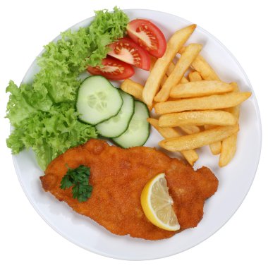 Schnitzel chop cutlet meal with french fries on plate isolated clipart