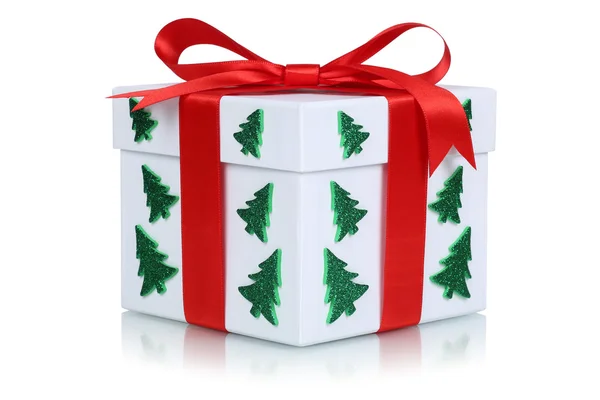 Gift box with bow and Christmas tree — Stock Photo, Image