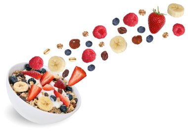 Muz ve st gibi meyveler ile kahvaltıda meyve müsli uçan