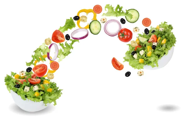 Flying salad ingredients in bowl with tomatoes, lettuce, onion a — Stock Photo, Image