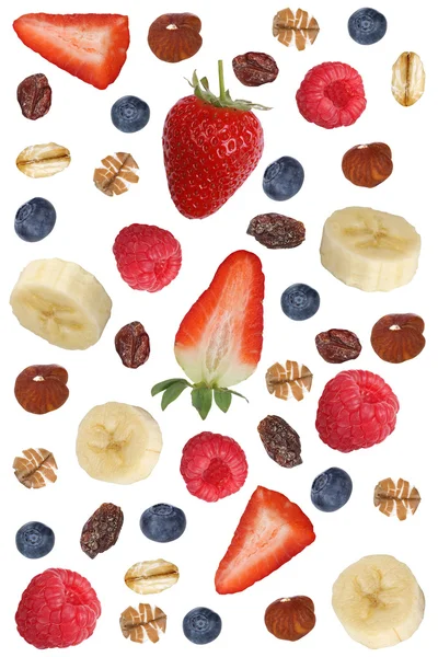Frukt müsli ingredienser för frukost med frukter som banan en — Stockfoto