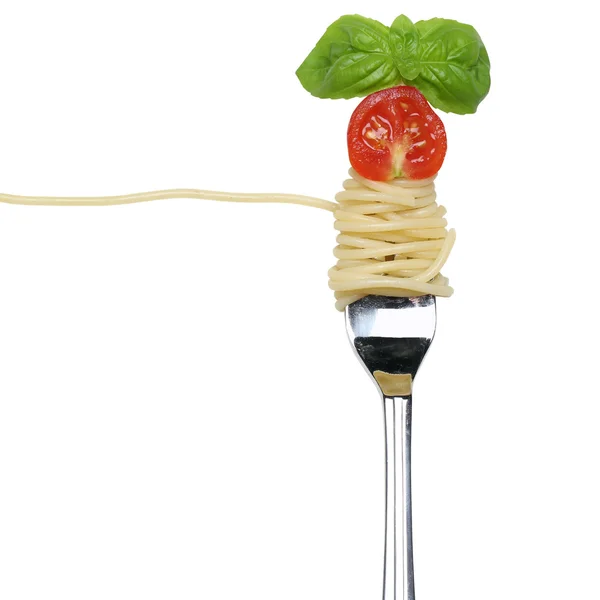 Eating spaghetti noodles pasta on a fork isolated — Stock Photo, Image