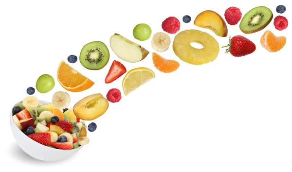 Collage of flying fruit salad with fruits like apples, oranges, — Stock Image Collage of flying fruit salad with fruits like apples, oranges, Royalty Free Stock Images