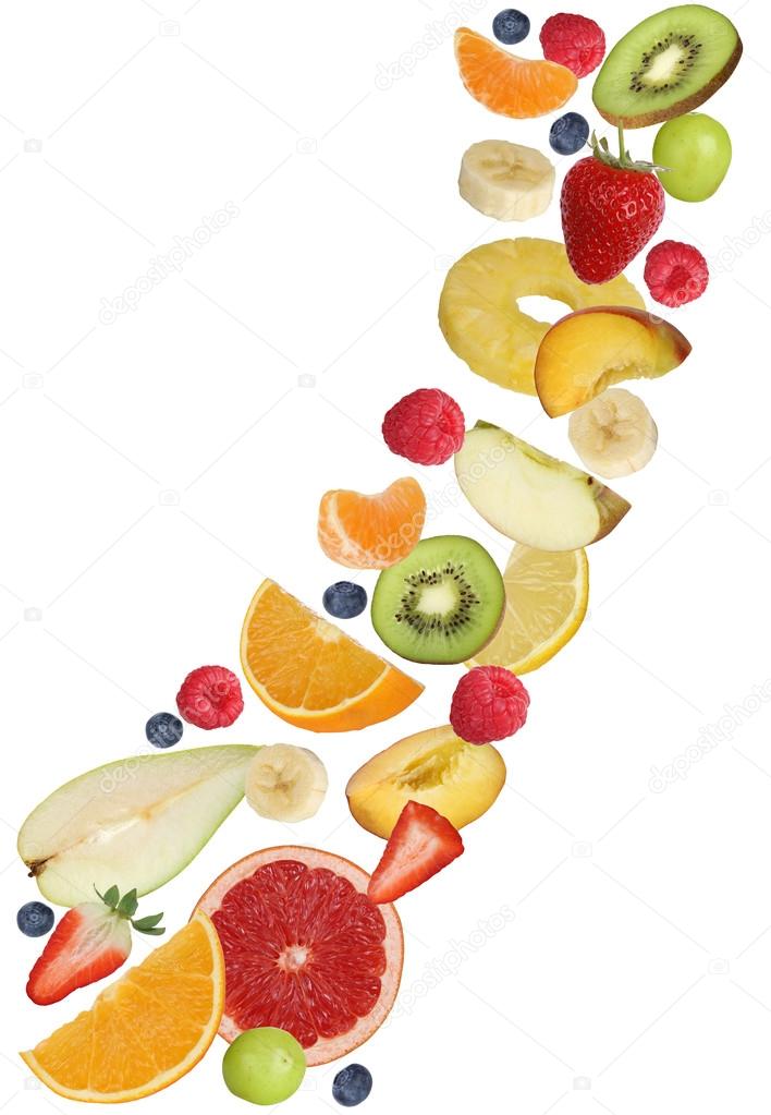 Flying fruits like apples fruit, oranges, banana and strawberry