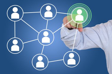 Sosyal medya basarak işadamı Internet simgesini ağ