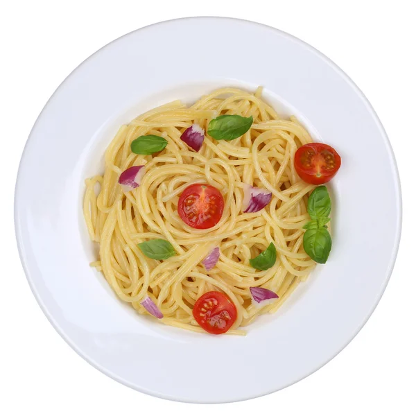 Spaghetti pasta farina con pomodori e basilico sul piatto è — Foto Stock