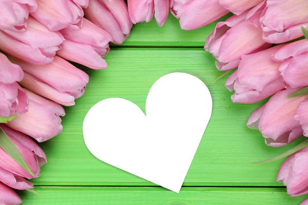 Tulips flowers with heart love on mother's or Valentine's day — Stock Photo, Image