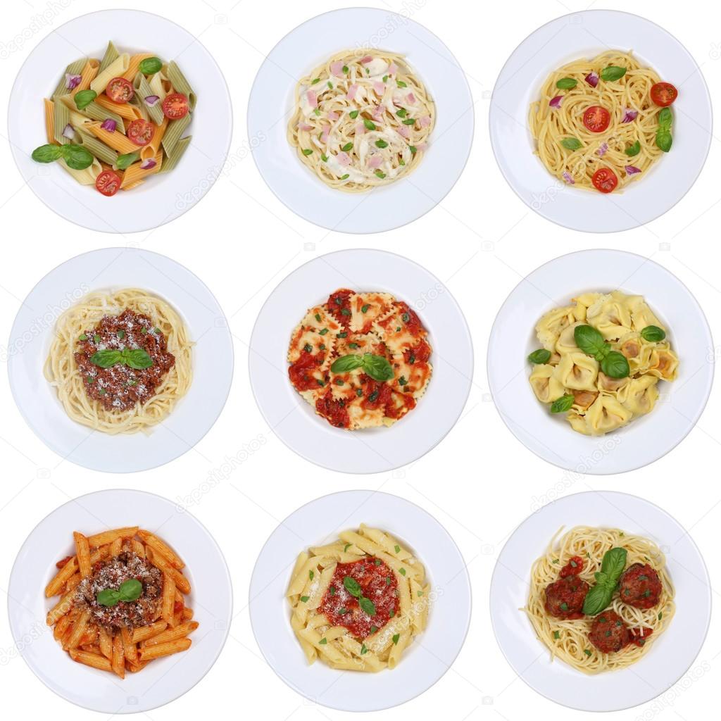 Collection of spaghetti, Ravioli noodles pasta meal isolated