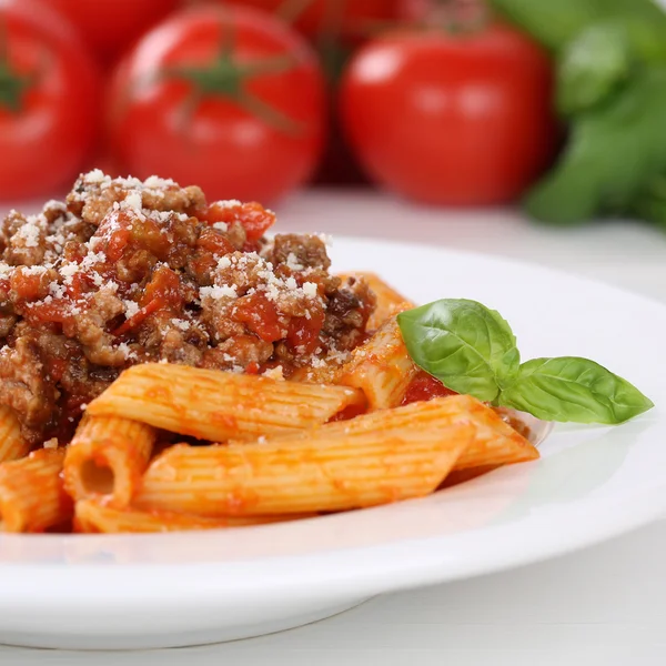 Italian cuisine penne Rigatoni Bolognese sauce noodles pasta mea — Stock Photo, Image