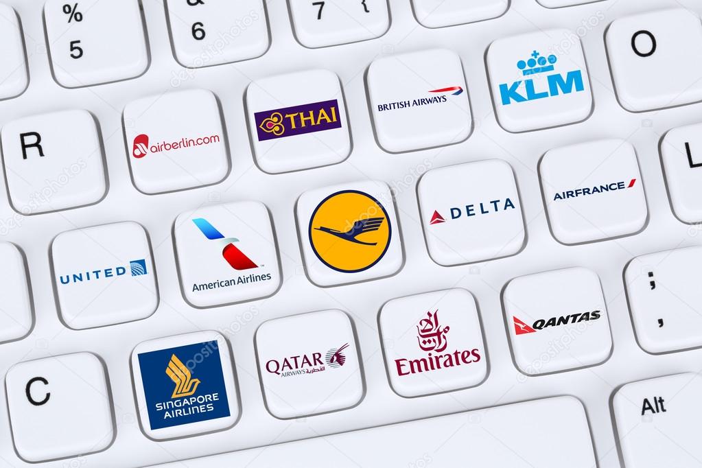 Berlin, Germany - April 7, 2015: Collection of logos of airlines like American, United, Delta, KLM, Lufthansa, British Airways, Qantas, Qatar, Emirates on a computer keyboard.