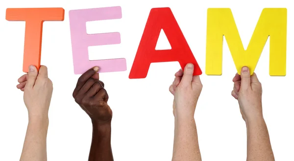 Multi ethnic group of people holding the word Team — Stock Photo, Image