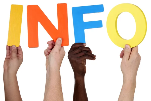 Multi ethnic group of people holding the word info — Stock Photo, Image