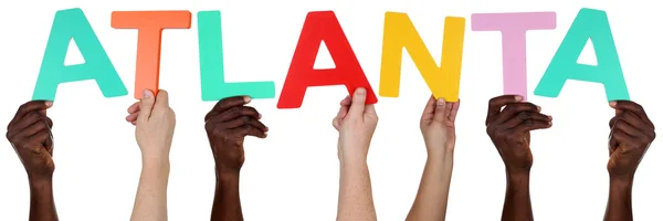 Multi ethnic group of people holding the word Atlanta — Stock Photo, Image