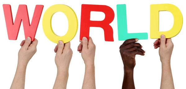 Multi ethnic group of people holding the word world — Stock Photo, Image