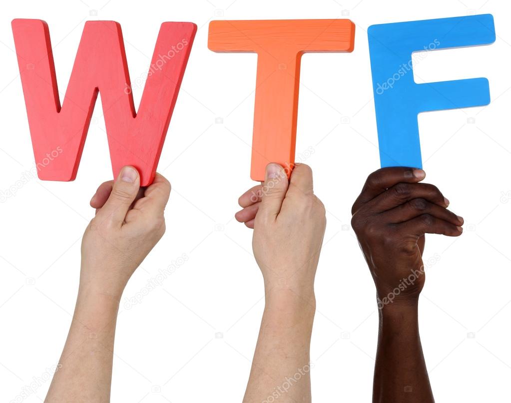 Multi ethnic group of people holding the word WTF