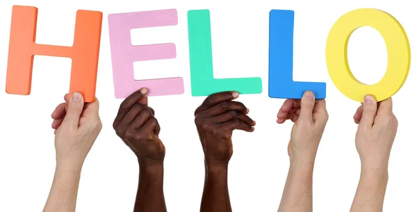 Multi ethnic group of people holding the word hello — Stock Photo, Image