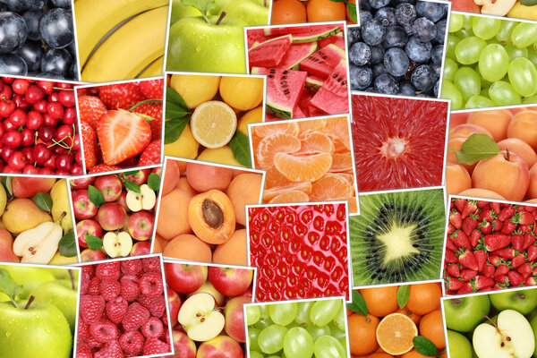 Vegan and vegetarian fruits background with apples, oranges, str