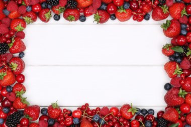 Berry fruits frame with strawberries, blueberries, cherries and  clipart