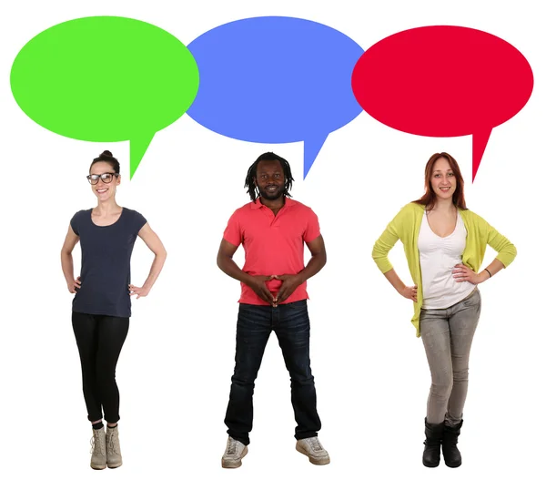 Young people talking with speech bubble and copyspace — Stock Photo, Image