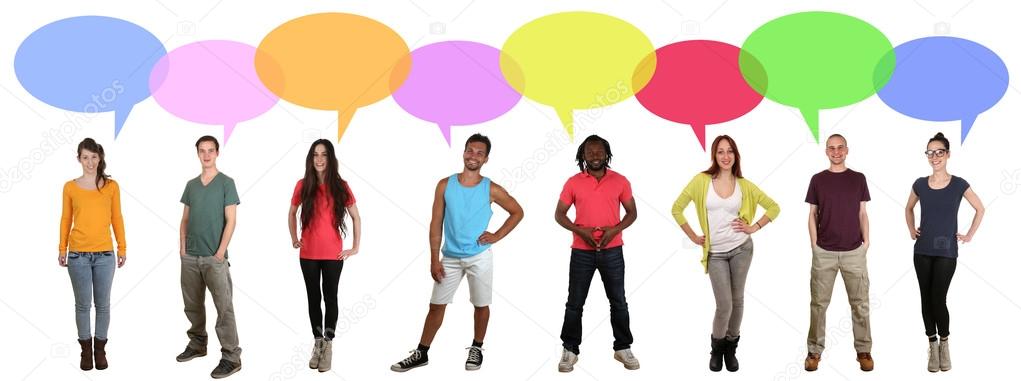 Multi ethnic group of many people talking with speech bubble and