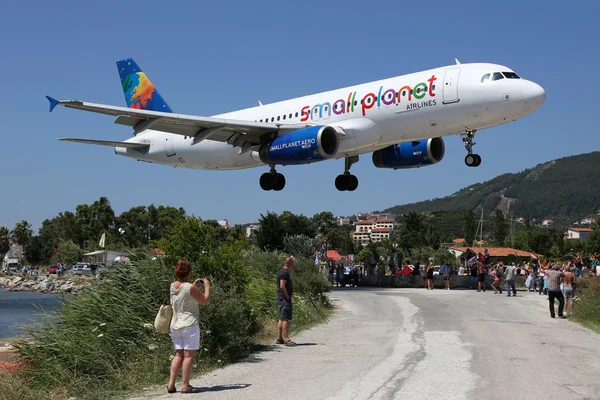 Small Planet Airlines Airbus A320 airplane Skiathos airport — Stok fotoğraf