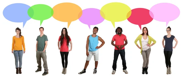 Multi ethnic international group of young people talking with sp — Stock Photo, Image