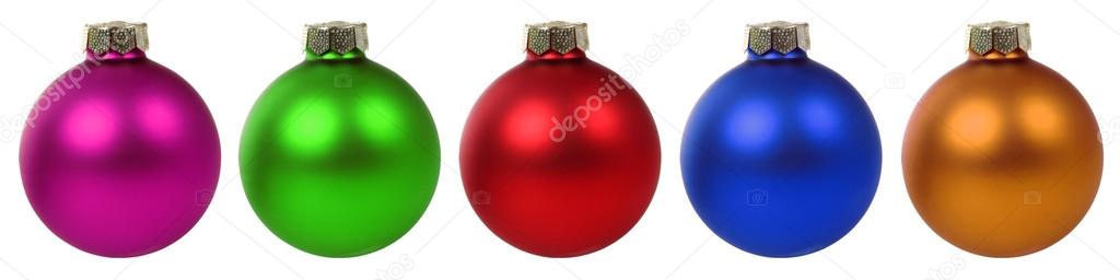 Colorful Christmas balls baubles in a row isolated