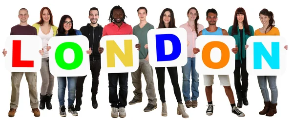 Group of young multi ethnic people holding word London — Stock Photo, Image