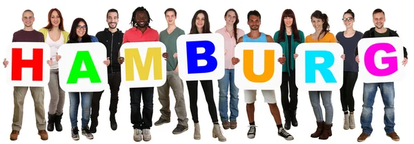 Grupo de jóvenes multiétnicos con palabra Hamburgo — Foto de Stock