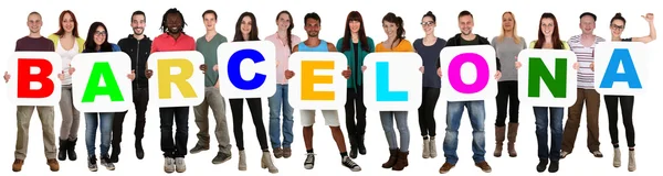 Group of young multi ethnic people holding word Barcelona — Stock Photo, Image