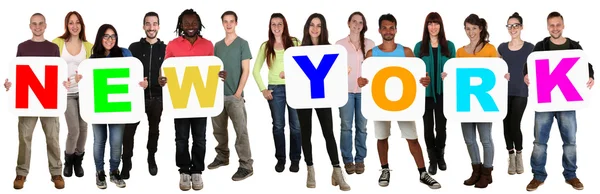 Group of young multi ethnic people holding word New York — Stock Photo, Image