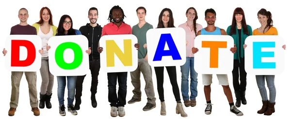 Group of young multi ethnic people holding word donate money don — Stock Photo, Image