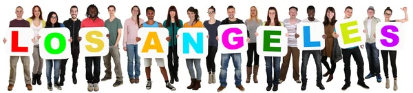 Group of young multi ethnic people holding word Los Angeles — Stock Photo, Image