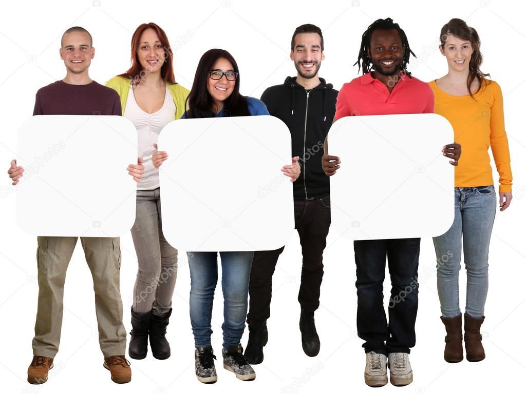 Group of young multi ethnic people holding copyspace for three l