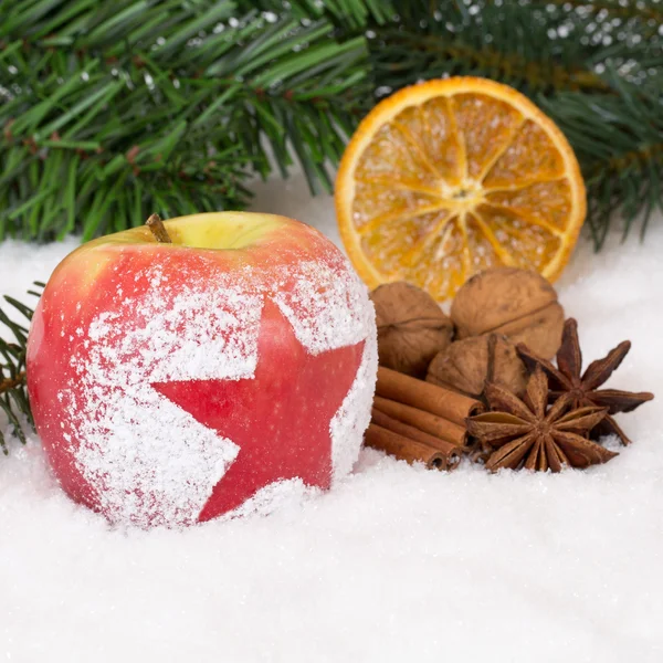 Winterapfelfrüchte an Weihnachten mit Schnee und Stern — Stockfoto