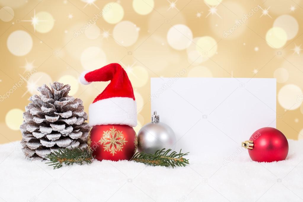 Christmas card with ornaments, golden background, copyspace and