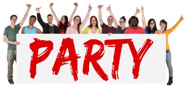 Parti insanlar afiş tutan genç çok etnik grup