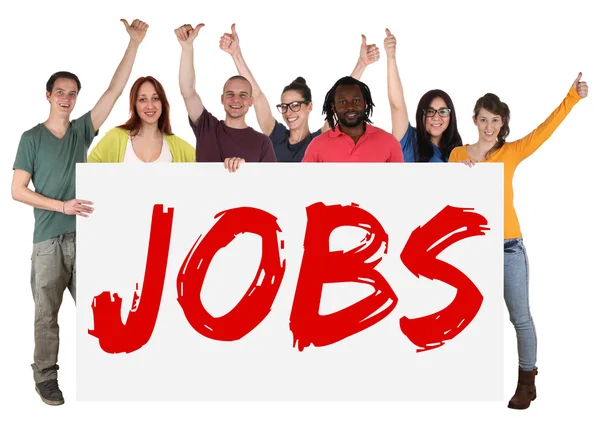 Jobs sign group of young multi ethnic people holding banner — Stock Photo, Image