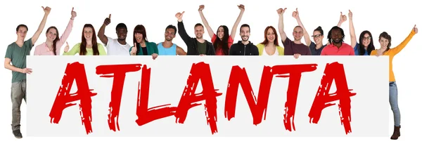 Atlanta group of young multi ethnic people holding banner — Stock Photo, Image