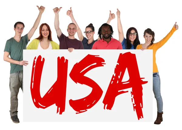 USA immigration group of young multi ethnic people holding banne — Stock Photo, Image