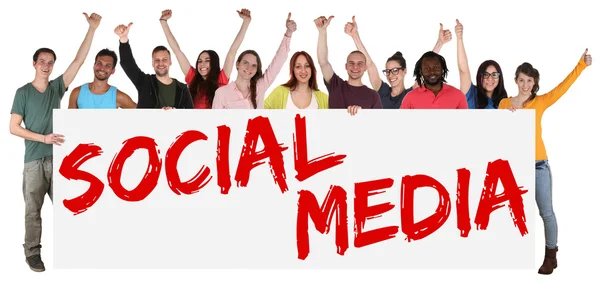 Sociala medier nätverk glad grupp unga multi etniska människor — Stockfoto